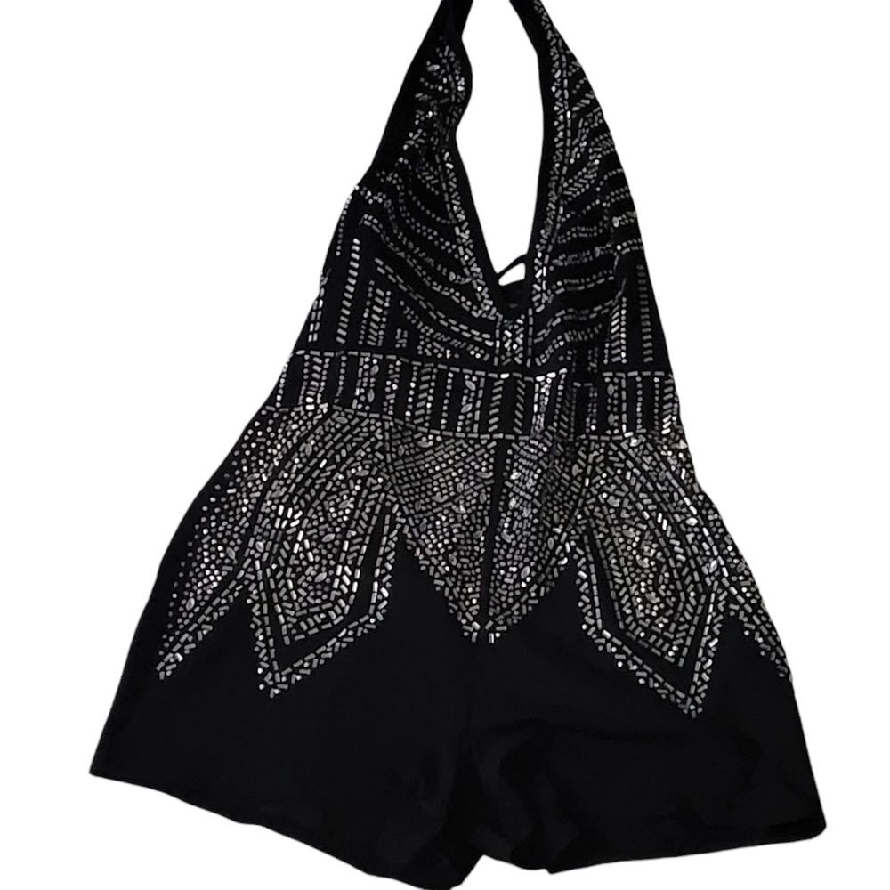 Holiday Party Black Embellished Beaded Romper V-Neck Halter Stretchy - Picture 7 of 15